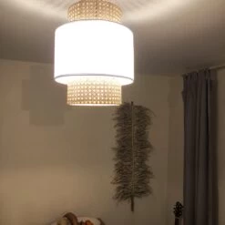Abat-jour Pour Suspension Cannage Rotin Naturel Et Blanc "Cassie" 30 Cm -Décor Soldes abat jour suspension cannage rotin cassie 30 cm 3