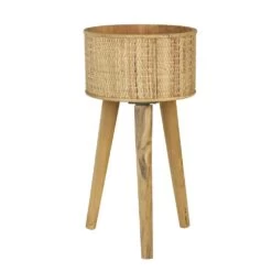 Cache-Pot De Fleurs "Canya" En Rotin Tressé Sur Pieds Bois Naturel