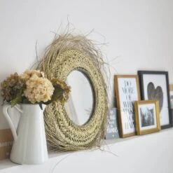 Miroir Marocain L "Pablo" En Fibre Naturelle Avec Franges -Décor Soldes grand miroir feuilles de palmier 2