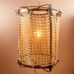 Lanterne Thaïlandaise L En Métal Coloris Laiton Rustique Et Tissu Beige Ajouré -Décor Soldes lanterne bambou naturel tissu lin beige ajoure 4