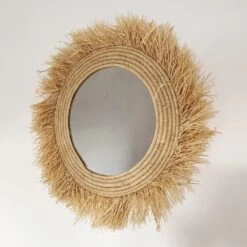 Miroir En Raphia XL Fait Main En Fibre Naturelle Avec Franges D. 60 Cm -Décor Soldes miroir en raphia naturel xl tresse franges d 60 cm 2