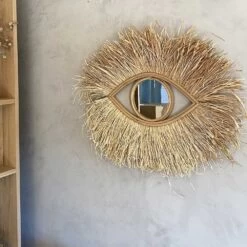 Miroir Oeil En Raphia XL 75 Cm En Fibre Naturelle Avec Franges -Décor Soldes miroir oeil raphia fibre naturelle avec franges 3