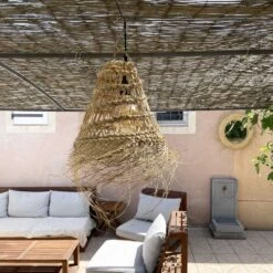 Abat Jour Pour Lampe Ajouré Forme Allongée En Paille Naturelle Tressée