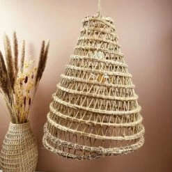 Abat Jour Pour Lustre Allongé En Branches De Palmier Dattier -Décor Soldes suspension allongee en branches de palmier dattier 2