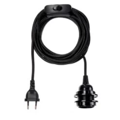 Suspension Douille E27 Pvc Noire Avec Cordon Noir Tissé Et Prise De Courant