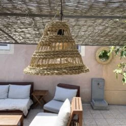 Abat-jour Paille Naturelle Ajourée Conique Fibre Alfa Tressée